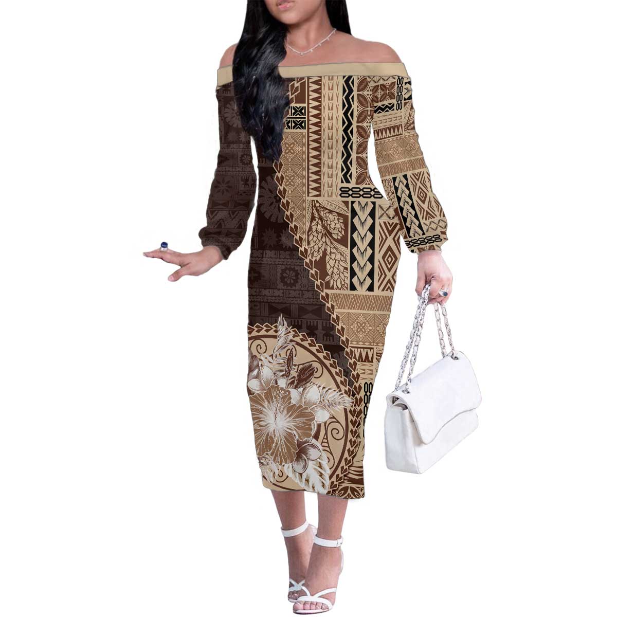 Samoa Siapo Elegant Family Matching Off The Shoulder Long Sleeve Dress and Hawaiian Shirt Hibiscus Chocolate Brown Motifs - Polynesian Pride