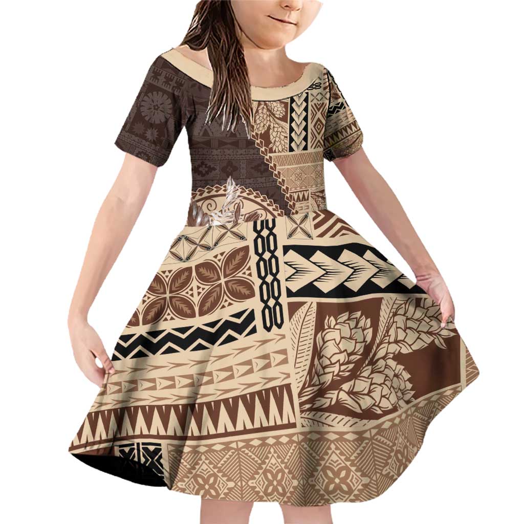 Samoa Siapo Elegant Family Matching Off Shoulder Short Dress and Hawaiian Shirt Hibiscus Chocolate Brown Motifs - Polynesian Pride