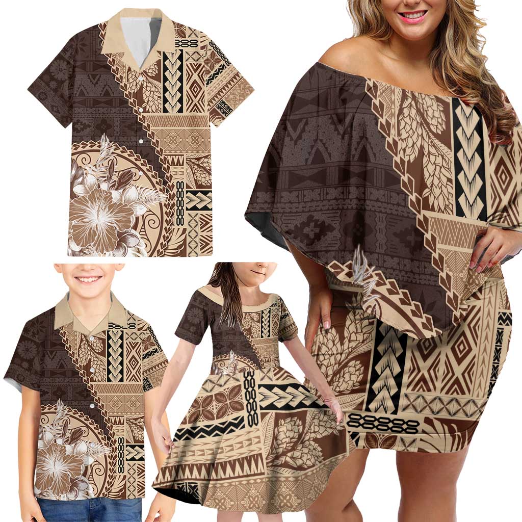 Samoa Siapo Elegant Family Matching Off Shoulder Short Dress and Hawaiian Shirt Hibiscus Chocolate Brown Motifs - Polynesian Pride