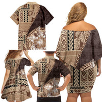 Samoa Siapo Elegant Family Matching Off Shoulder Short Dress and Hawaiian Shirt Hibiscus Chocolate Brown Motifs - Polynesian Pride