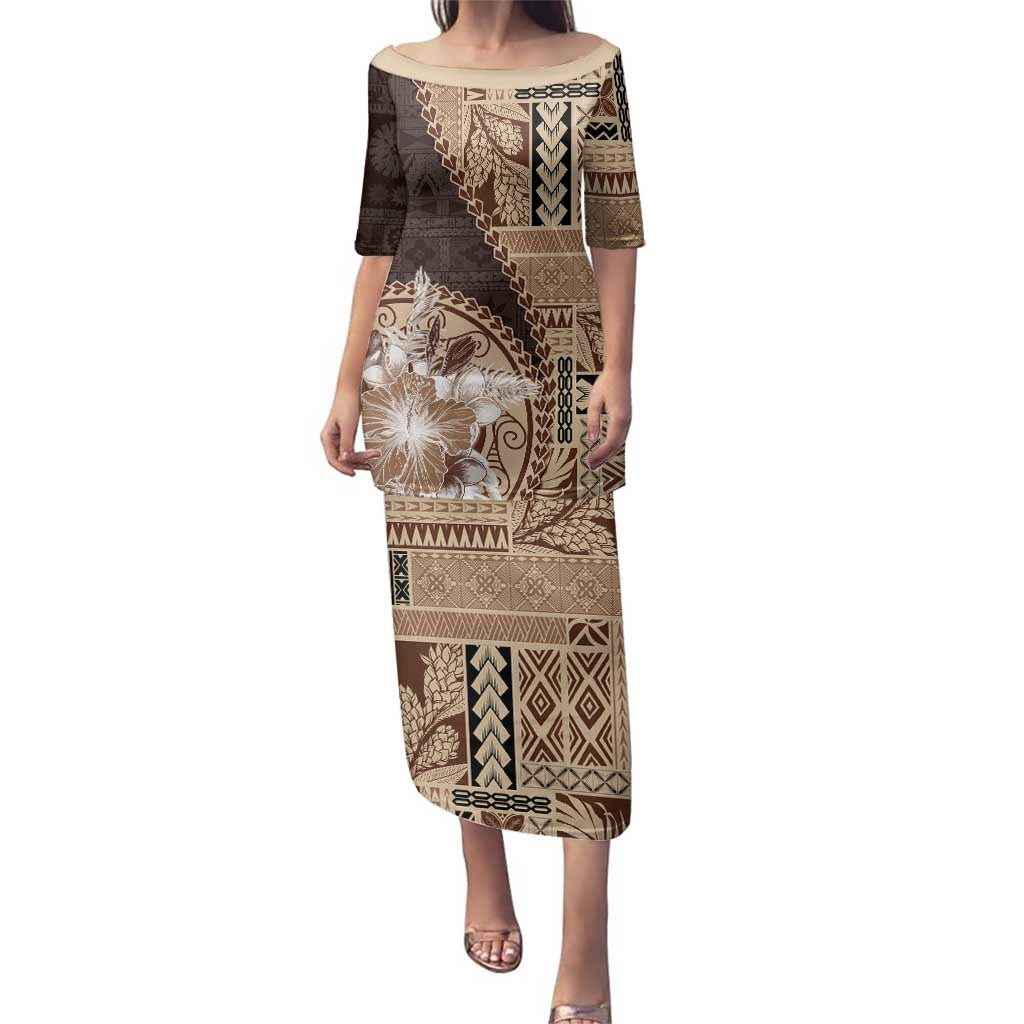 Samoa Siapo Elegant Family Matching Puletasi and Hawaiian Shirt Hibiscus Chocolate Brown Motifs - Polynesian Pride