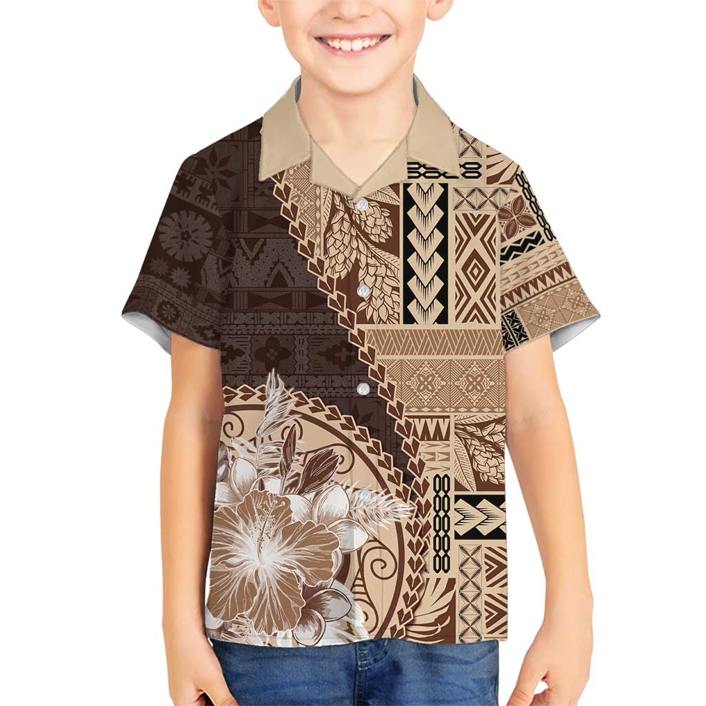 Samoa Siapo Elegant Family Matching Puletasi and Hawaiian Shirt Hibiscus Chocolate Brown Motifs - Polynesian Pride