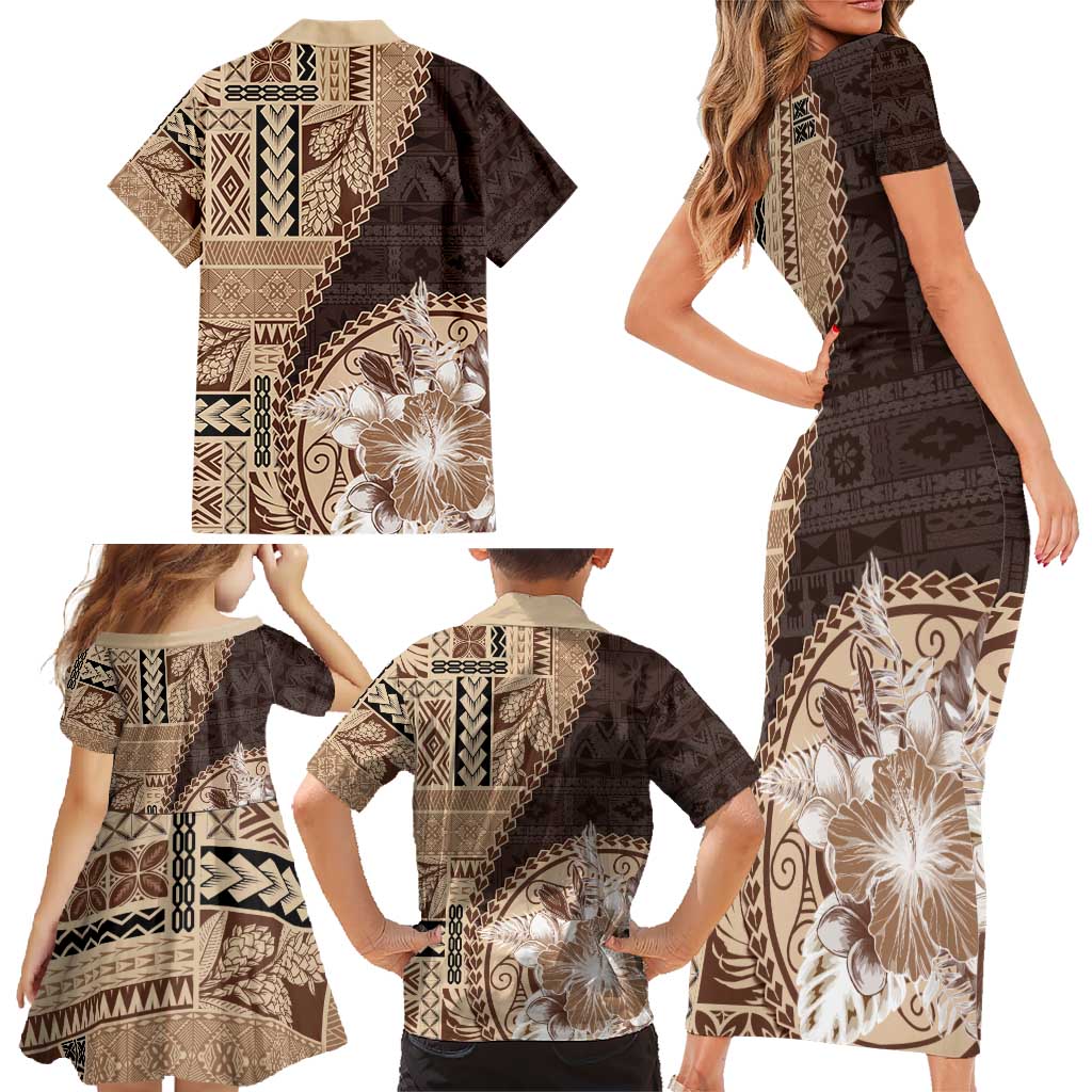 Samoa Siapo Elegant Family Matching Short Sleeve Bodycon Dress and Hawaiian Shirt Hibiscus Chocolate Brown Motifs - Polynesian Pride