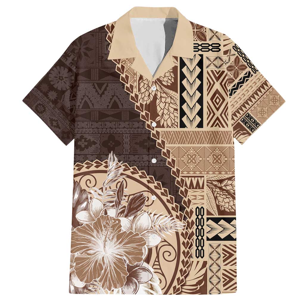 Samoa Siapo Elegant Family Matching Short Sleeve Bodycon Dress and Hawaiian Shirt Hibiscus Chocolate Brown Motifs - Polynesian Pride