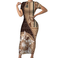 Samoa Siapo Elegant Family Matching Short Sleeve Bodycon Dress and Hawaiian Shirt Hibiscus Chocolate Brown Motifs - Polynesian Pride