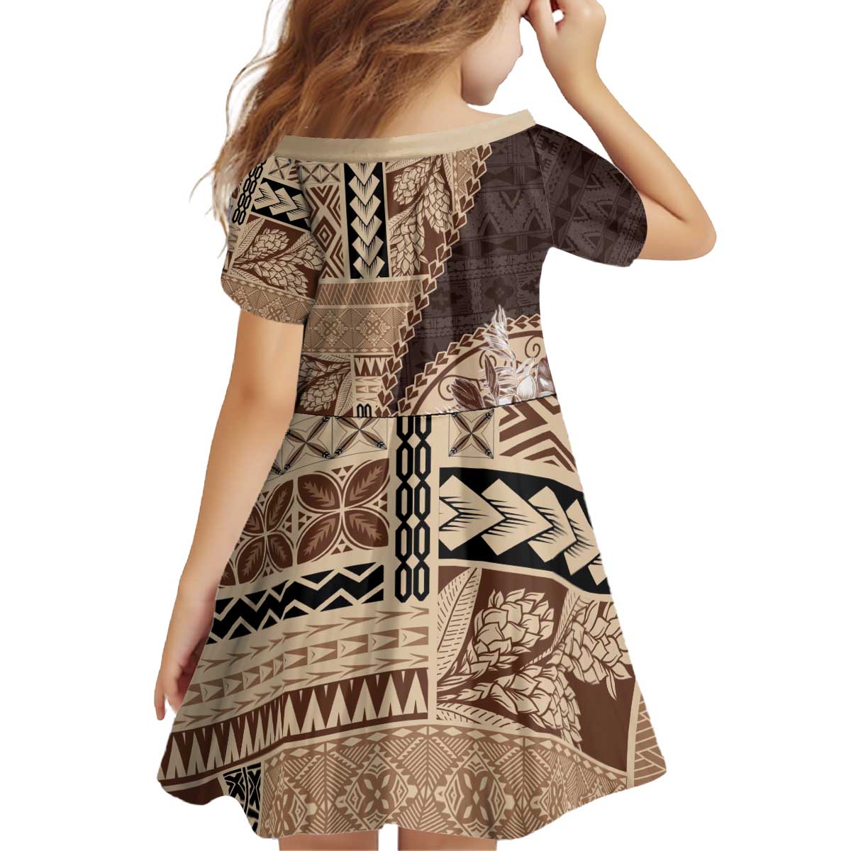 Samoa Siapo Elegant Kid Short Sleeve Dress Hibiscus Chocolate Brown Motifs - Polynesian Pride