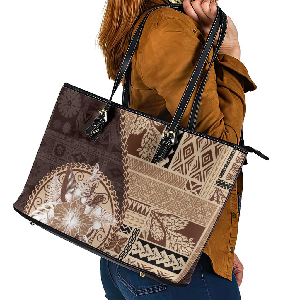 Samoa Siapo Elegant Leather Tote Bag Hibiscus Chocolate Brown Motifs - Polynesian Pride