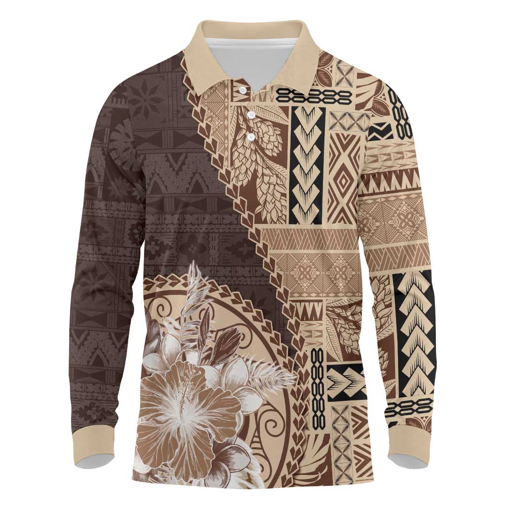 Samoa Siapo Elegant Long Sleeve Polo Shirt Hibiscus Chocolate Brown Motifs - Polynesian Pride