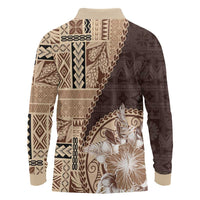 Samoa Siapo Elegant Long Sleeve Polo Shirt Hibiscus Chocolate Brown Motifs - Polynesian Pride