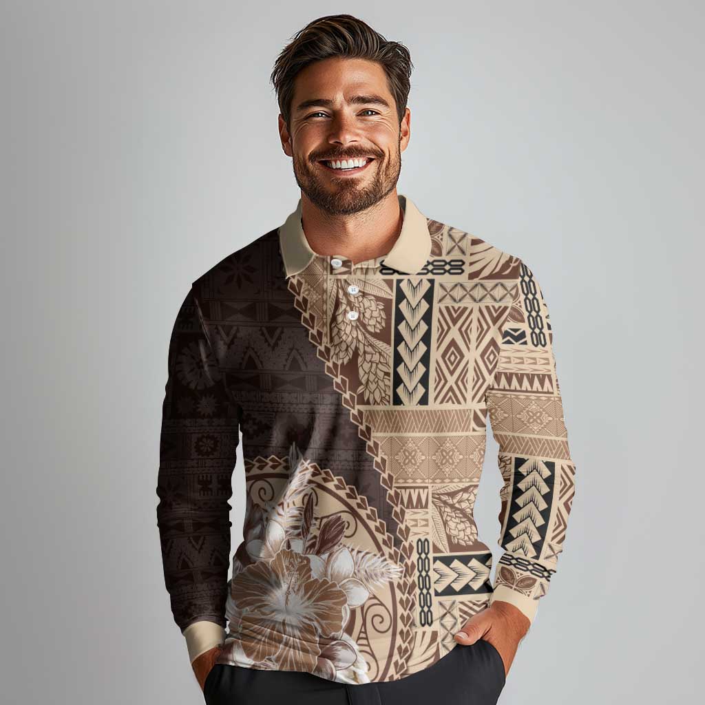 Samoa Siapo Elegant Long Sleeve Polo Shirt Hibiscus Chocolate Brown Motifs - Polynesian Pride