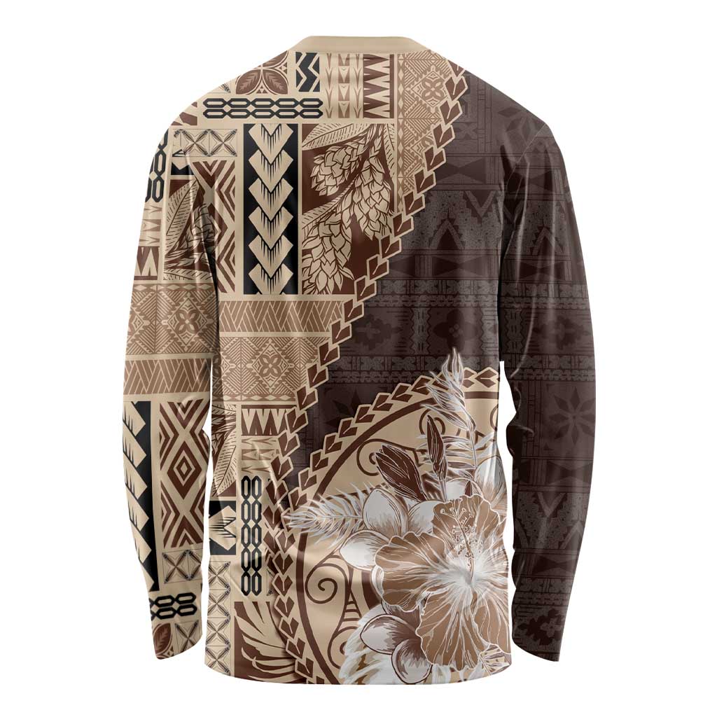 Samoa Siapo Elegant Long Sleeve Shirt Hibiscus Chocolate Brown Motifs - Polynesian Pride