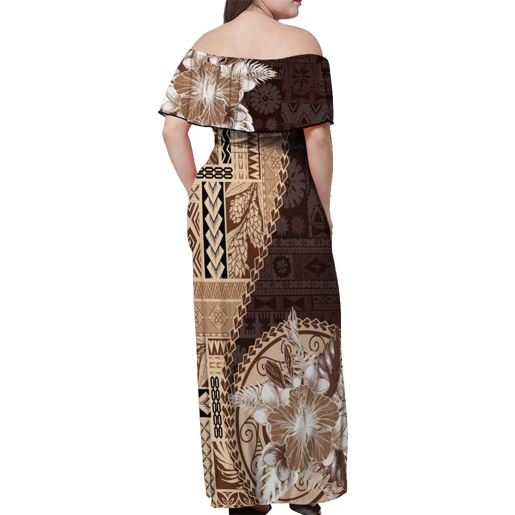 Samoa Siapo Elegant Off Shoulder Maxi Dress Hibiscus Chocolate Brown Motifs - Polynesian Pride