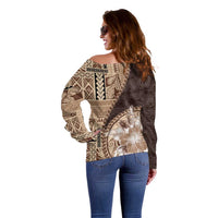 Samoa Siapo Elegant Off Shoulder Sweater Hibiscus Chocolate Brown Motifs - Polynesian Pride