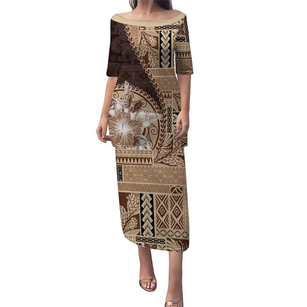 Samoa Siapo Elegant Puletasi Hibiscus Chocolate Brown Motifs - Polynesian Pride