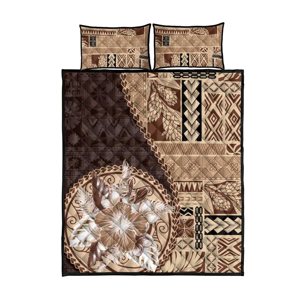Samoa Siapo Elegant Quilt Bed Set Hibiscus Chocolate Brown Motifs - Polynesian Pride