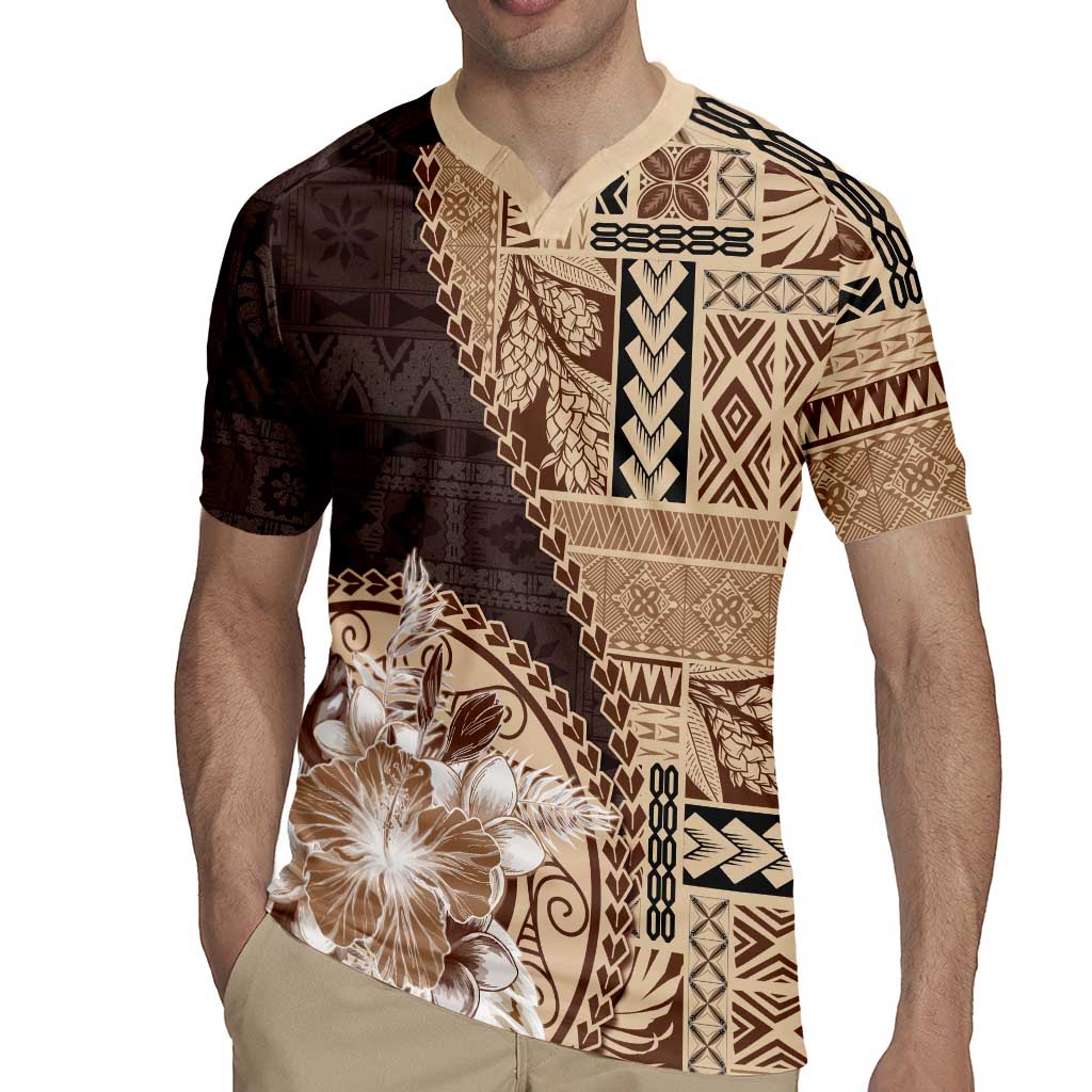 Samoa Siapo Elegant Rugby Jersey Hibiscus Chocolate Brown Motifs - Polynesian Pride