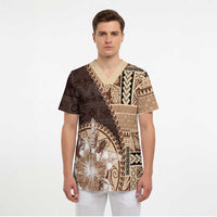 Samoa Siapo Elegant Scrub Top Hibiscus Chocolate Brown Motifs - Polynesian Pride