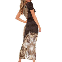 Samoa Siapo Elegant Short Sleeve Bodycon Dress Hibiscus Chocolate Brown Motifs - Polynesian Pride