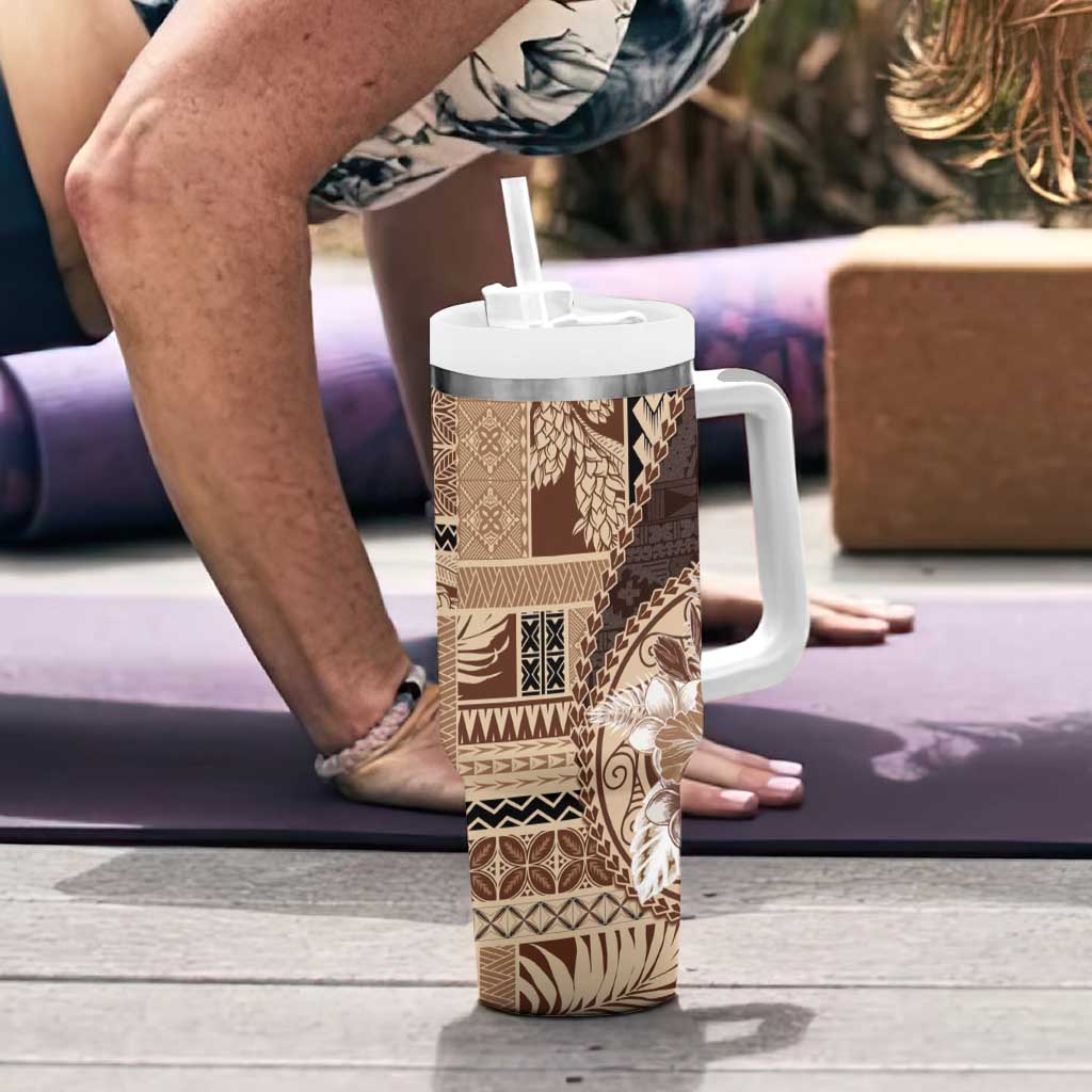 Samoa Siapo Elegant Tumbler With Handle Hibiscus Chocolate Brown Motifs - Polynesian Pride