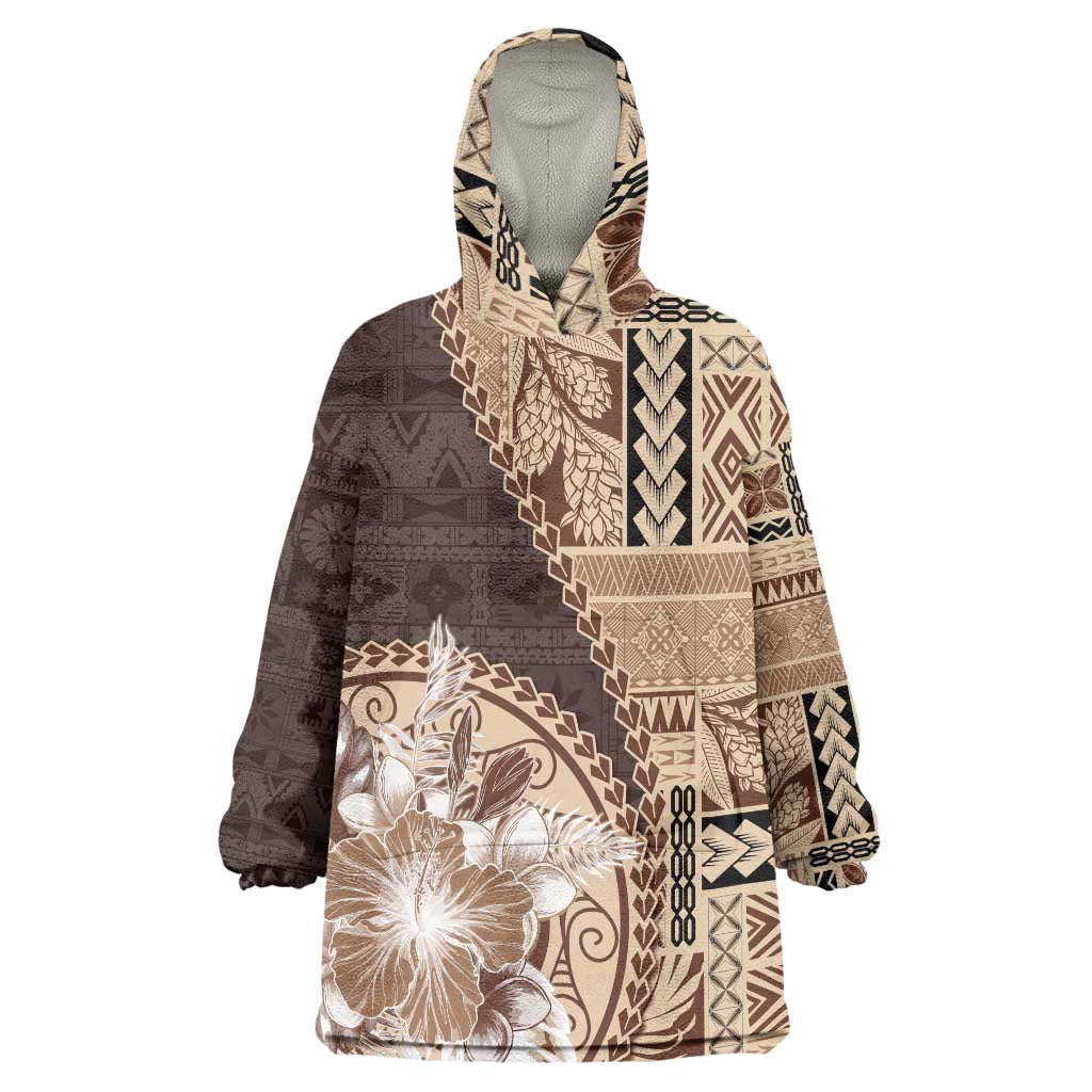 Samoa Siapo Elegant Wearable Blanket Hoodie Hibiscus Chocolate Brown Motifs - Polynesian Pride