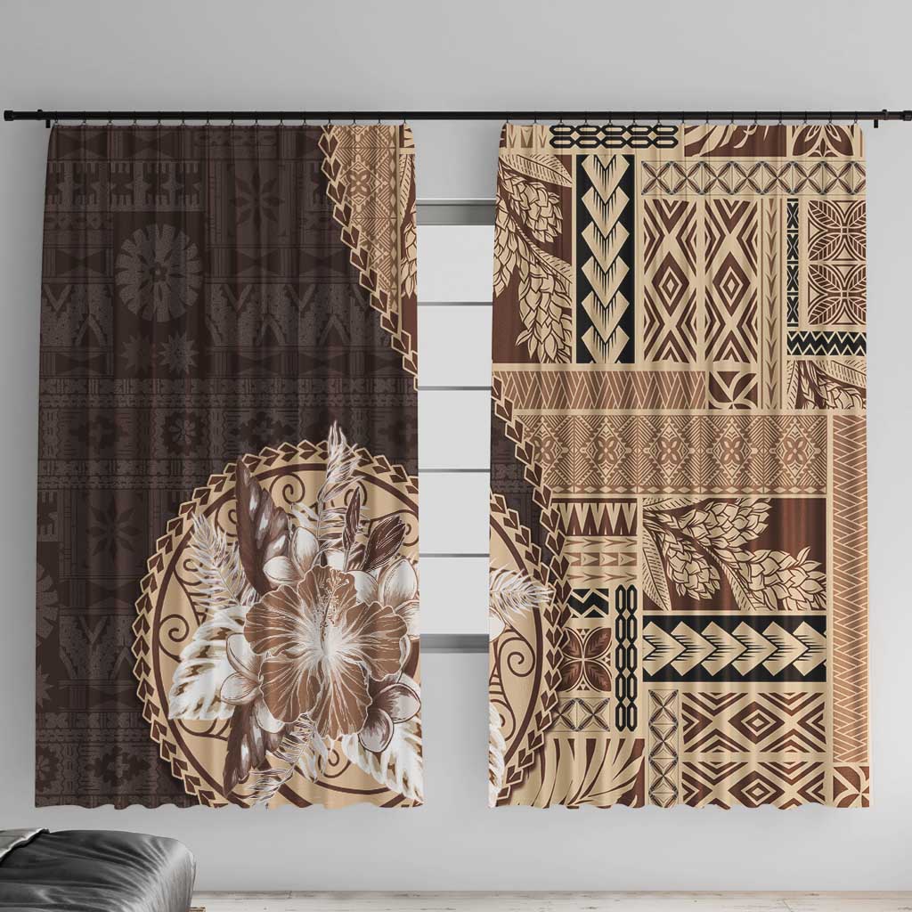 Samoa Siapo Elegant Window Curtain Hibiscus Chocolate Brown Motifs LT05 With Hooks Brown - Polynesian Pride