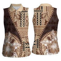 Samoa Siapo Elegant Women Sleeveless Polo Shirt Hibiscus Chocolate Brown Motifs - Polynesian Pride