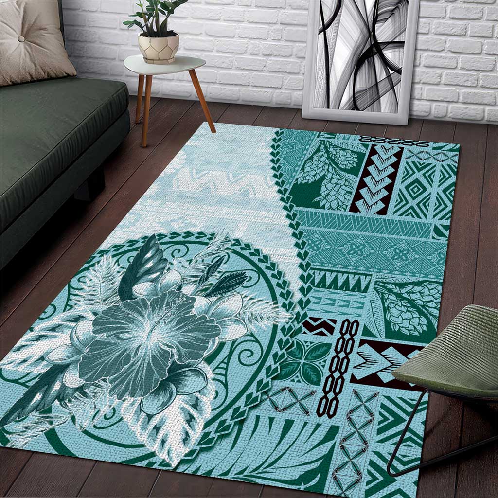 Samoa Siapo Elegant Area Rug Hibiscus Teal Motifs LT05 Teal - Polynesian Pride