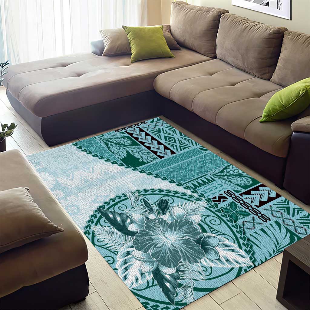 Samoa Siapo Elegant Area Rug Hibiscus Teal Motifs LT05 - Polynesian Pride