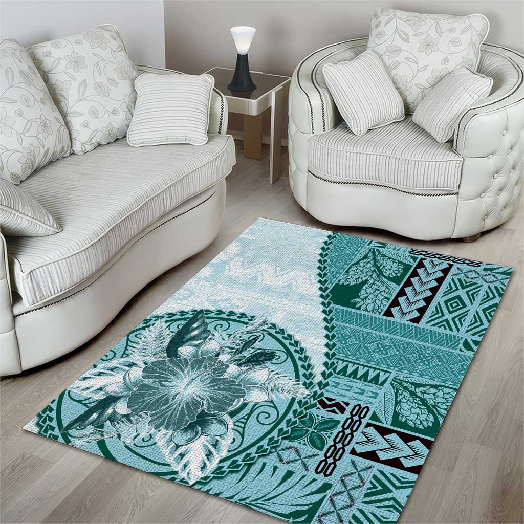 Samoa Siapo Elegant Area Rug Hibiscus Teal Motifs LT05 - Polynesian Pride