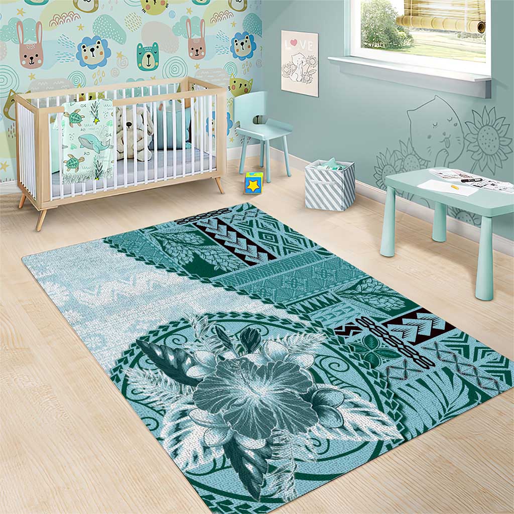 Samoa Siapo Elegant Area Rug Hibiscus Teal Motifs LT05 - Polynesian Pride