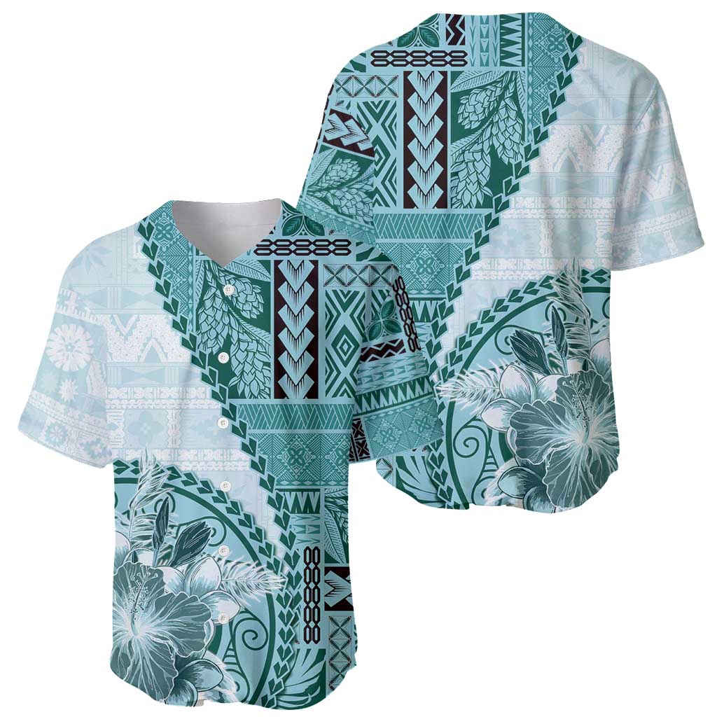Samoa Siapo Elegant Baseball Jersey Hibiscus Teal Motifs - Polynesian Pride