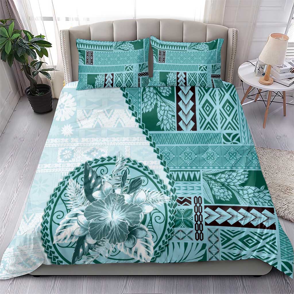 Samoa Siapo Elegant Bedding Set Hibiscus Teal Motifs - Polynesian Pride
