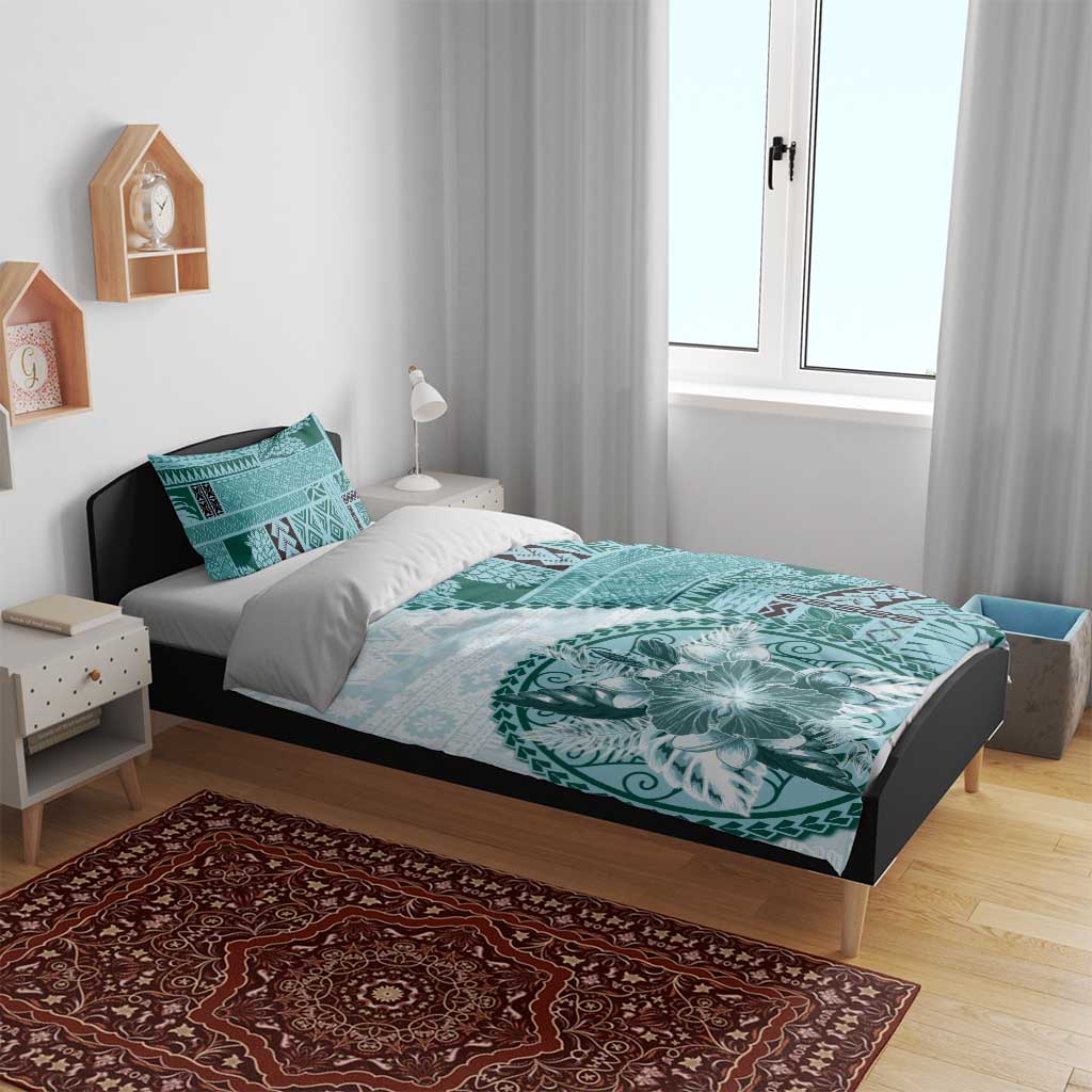 Samoa Siapo Elegant Bedding Set Hibiscus Teal Motifs - Polynesian Pride
