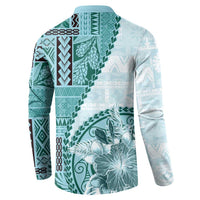 Samoa Siapo Elegant Button Sweatshirt Hibiscus Teal Motifs - Polynesian Pride