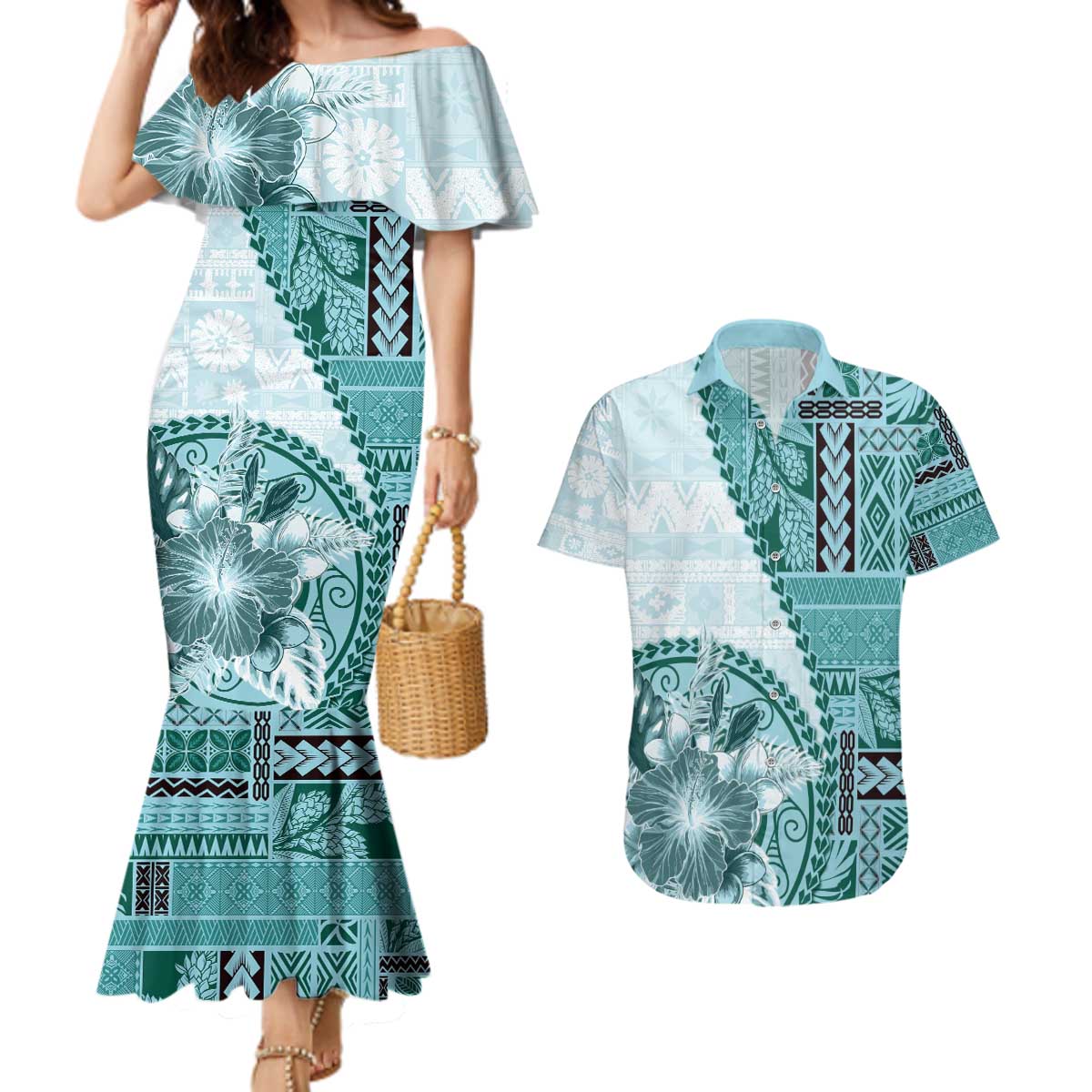 Samoa Siapo Elegant Couples Matching Mermaid Dress and Hawaiian Shirt Hibiscus Teal Motifs - Polynesian Pride