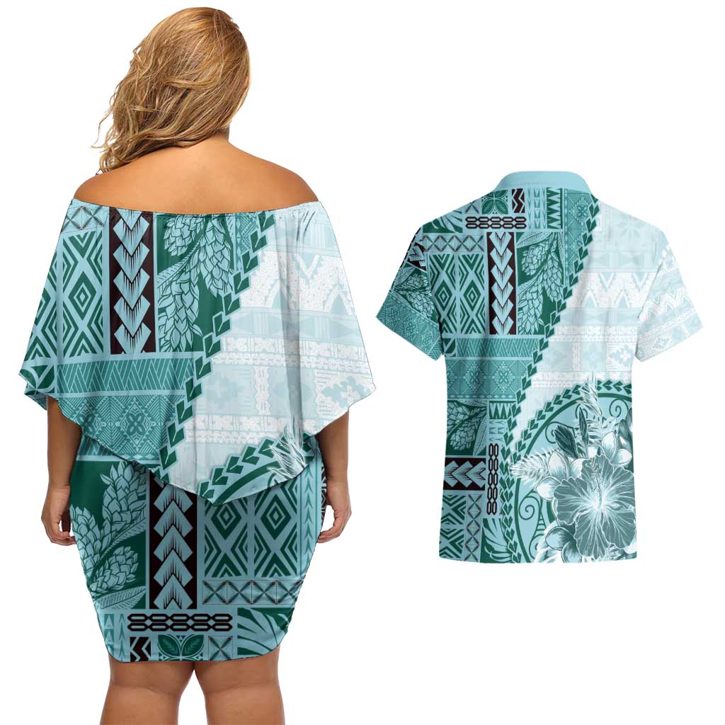 Samoa Siapo Elegant Couples Matching Off Shoulder Short Dress and Hawaiian Shirt Hibiscus Teal Motifs - Polynesian Pride