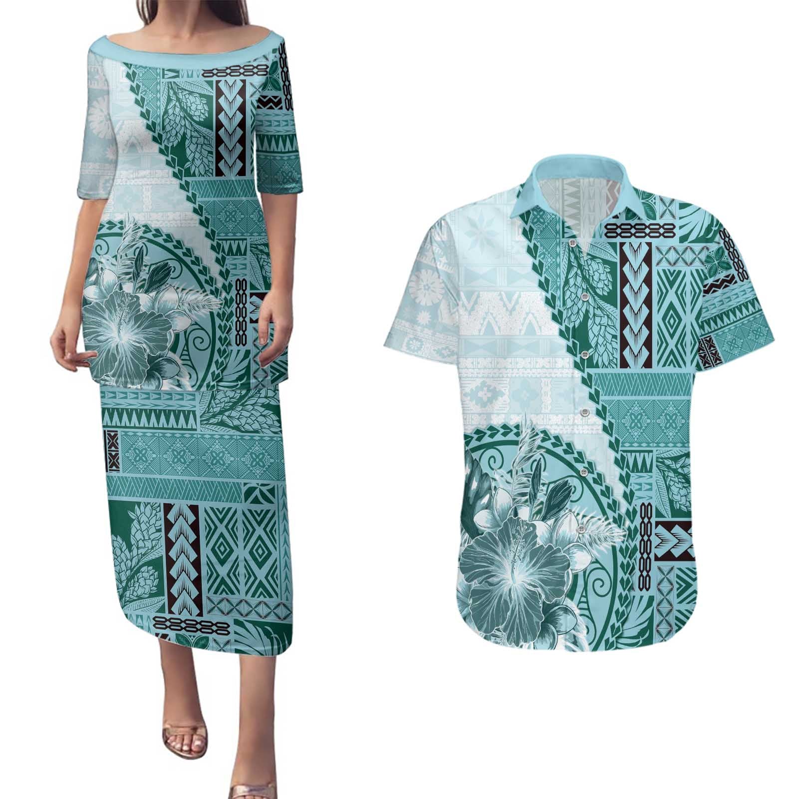 Samoa Siapo Elegant Couples Matching Puletasi and Hawaiian Shirt Hibiscus Teal Motifs - Polynesian Pride