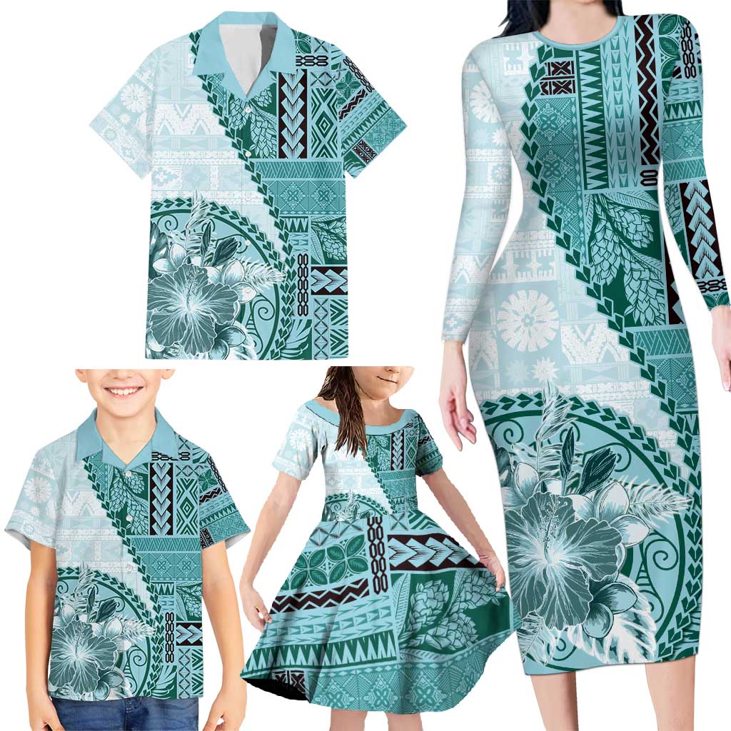 Samoa Siapo Elegant Family Matching Long Sleeve Bodycon Dress and Hawaiian Shirt Hibiscus Teal Motifs - Polynesian Pride