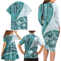 Samoa Siapo Elegant Family Matching Long Sleeve Bodycon Dress and Hawaiian Shirt Hibiscus Teal Motifs - Polynesian Pride