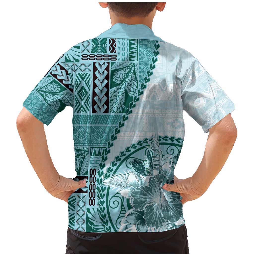 Samoa Siapo Elegant Family Matching Mermaid Dress and Hawaiian Shirt Hibiscus Teal Motifs - Polynesian Pride