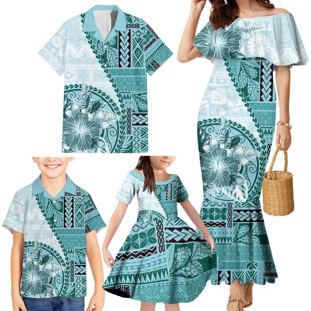 Samoa Siapo Elegant Family Matching Mermaid Dress and Hawaiian Shirt Hibiscus Teal Motifs - Polynesian Pride