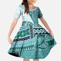 Samoa Siapo Elegant Family Matching Off The Shoulder Long Sleeve Dress and Hawaiian Shirt Hibiscus Teal Motifs - Polynesian Pride