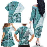 Samoa Siapo Elegant Family Matching Off The Shoulder Long Sleeve Dress and Hawaiian Shirt Hibiscus Teal Motifs - Polynesian Pride