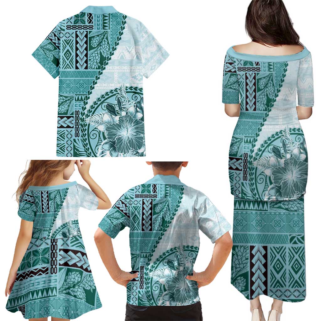 Samoa Siapo Elegant Family Matching Puletasi and Hawaiian Shirt Hibiscus Teal Motifs - Polynesian Pride
