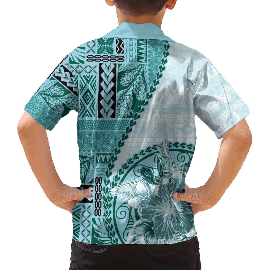 Samoa Siapo Elegant Family Matching Short Sleeve Bodycon Dress and Hawaiian Shirt Hibiscus Teal Motifs - Polynesian Pride