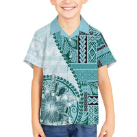 Samoa Siapo Elegant Family Matching Short Sleeve Bodycon Dress and Hawaiian Shirt Hibiscus Teal Motifs - Polynesian Pride