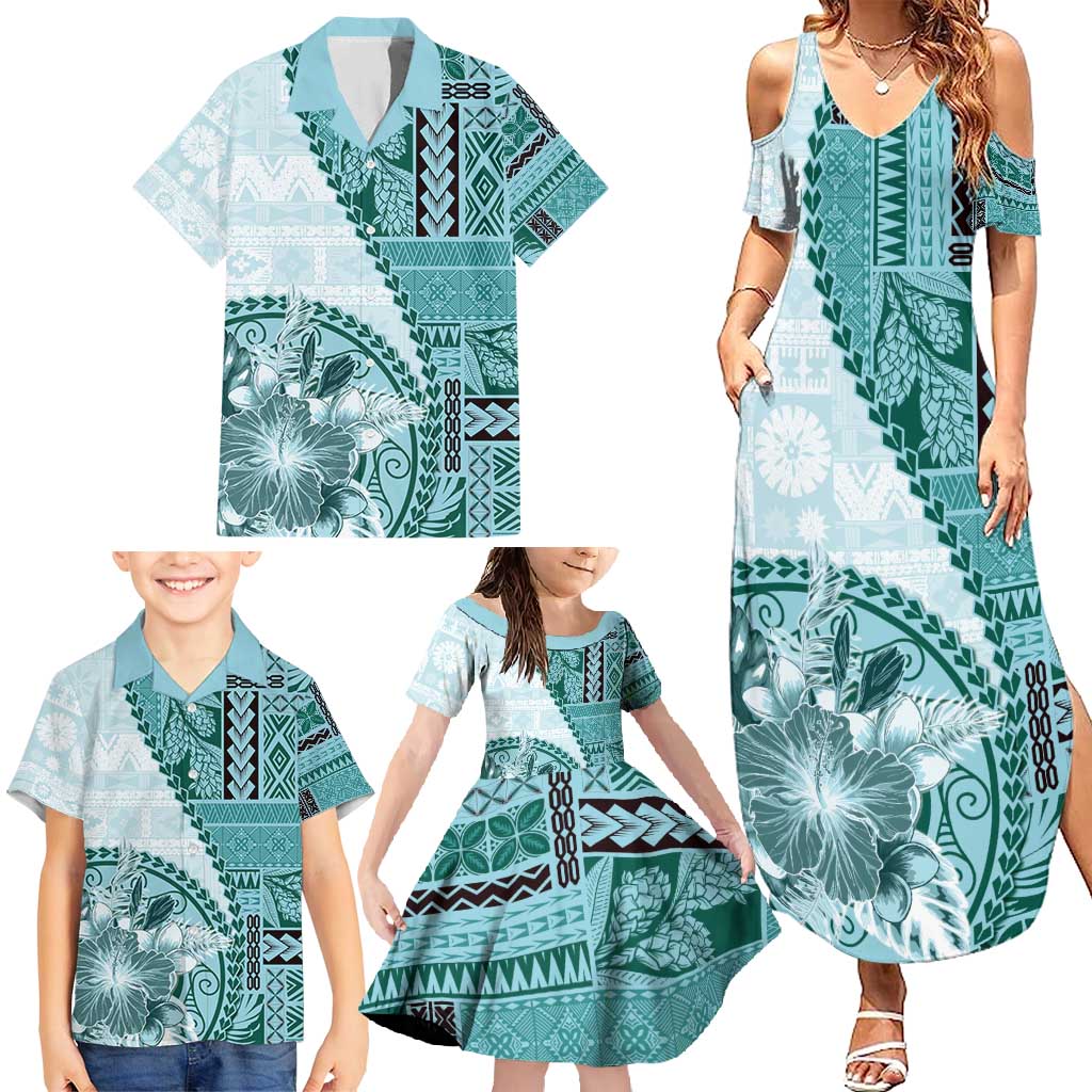 Samoa Siapo Elegant Family Matching Summer Maxi Dress and Hawaiian Shirt Hibiscus Teal Motifs - Polynesian Pride