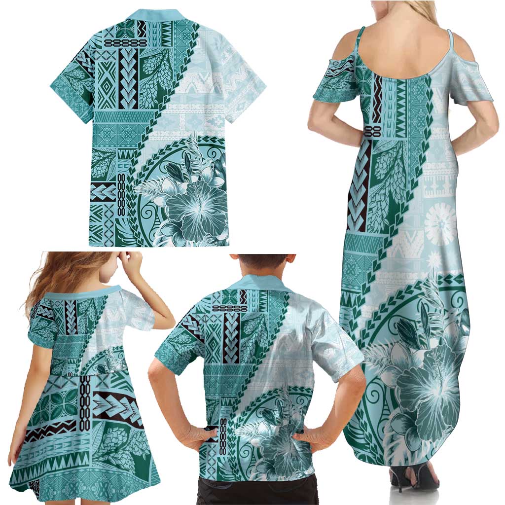 Samoa Siapo Elegant Family Matching Summer Maxi Dress and Hawaiian Shirt Hibiscus Teal Motifs - Polynesian Pride