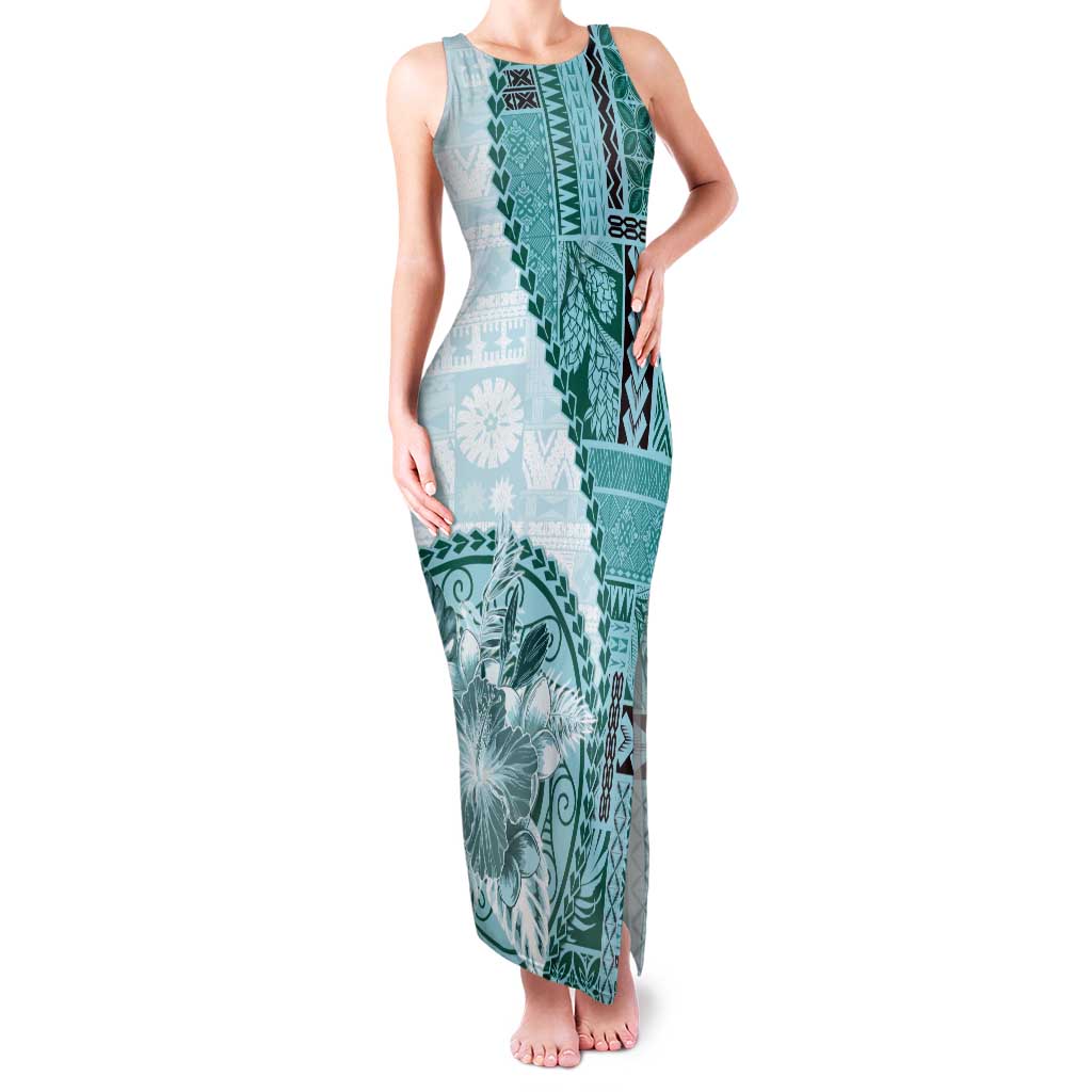 Samoa Siapo Elegant Family Matching Tank Maxi Dress and Hawaiian Shirt Hibiscus Teal Motifs - Polynesian Pride