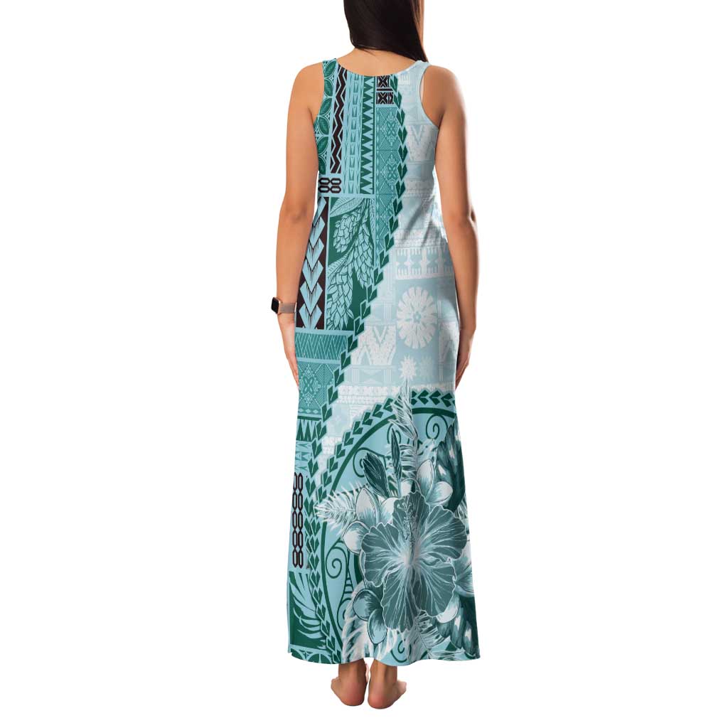 Samoa Siapo Elegant Family Matching Tank Maxi Dress and Hawaiian Shirt Hibiscus Teal Motifs - Polynesian Pride